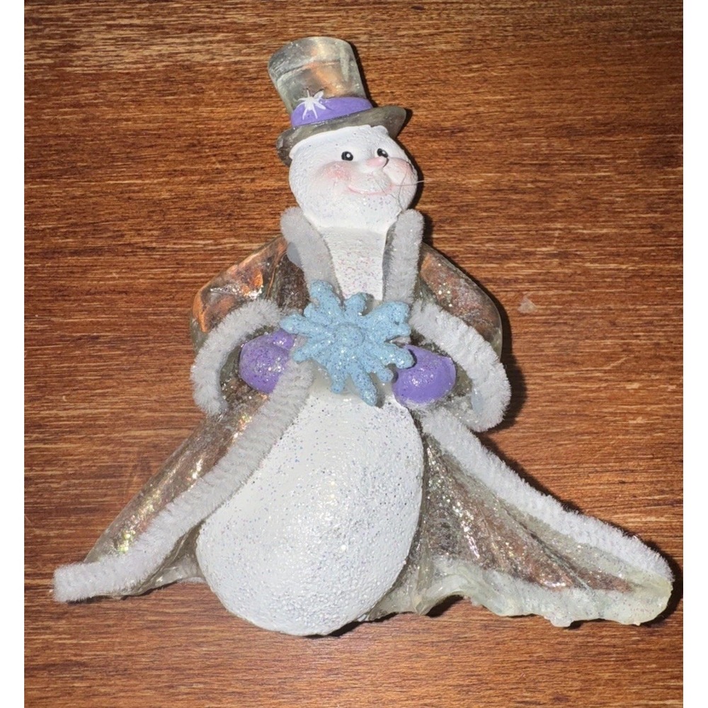 Vintage Figurine‎ Snowman Ornament 4" Glittered Coat, Top Hat Winter Snowflake